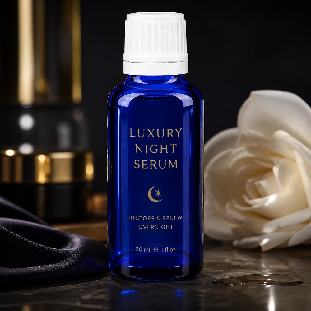 Lussuoso flacone contagocce ApoGlas da 30 ml di colore blu con tappo di sicurezza bianco per siero da notte