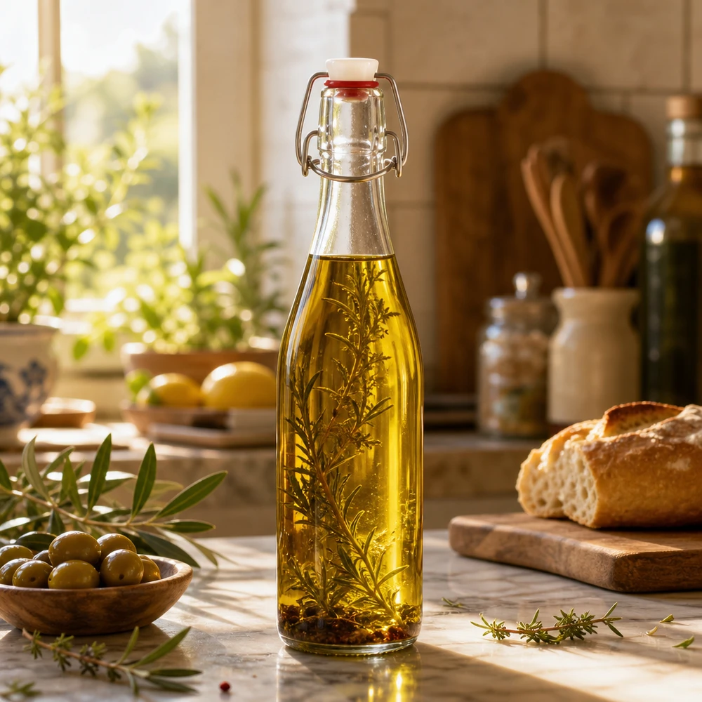 Bottiglia di vetro da 500 ml + tappo a battente in PVC UNiTWIST Bottiglia di vetro da 500 ml con tappo oscillante riempita di olio alle erbe rosmarino cucina mediterranea stoccaggio olio alle spezie