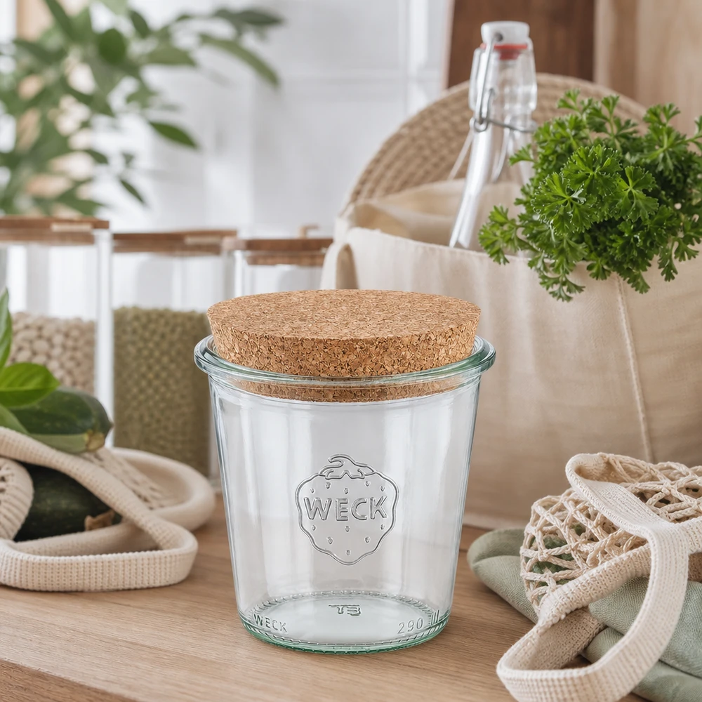 WECK tumbler 290ml RR80 con sughero naturale in cucina sostenibile a rifiuti zero tra bottiglie riutilizzabili e borse di stoffa