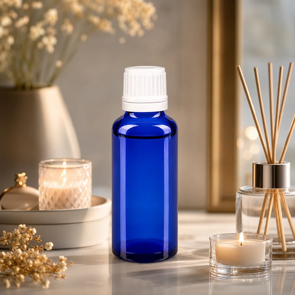 Flacone di vetro blu da 30 ml con tappo contagocce bianco su una superficie di marmo, accanto a candele e diffusori a bastoncini