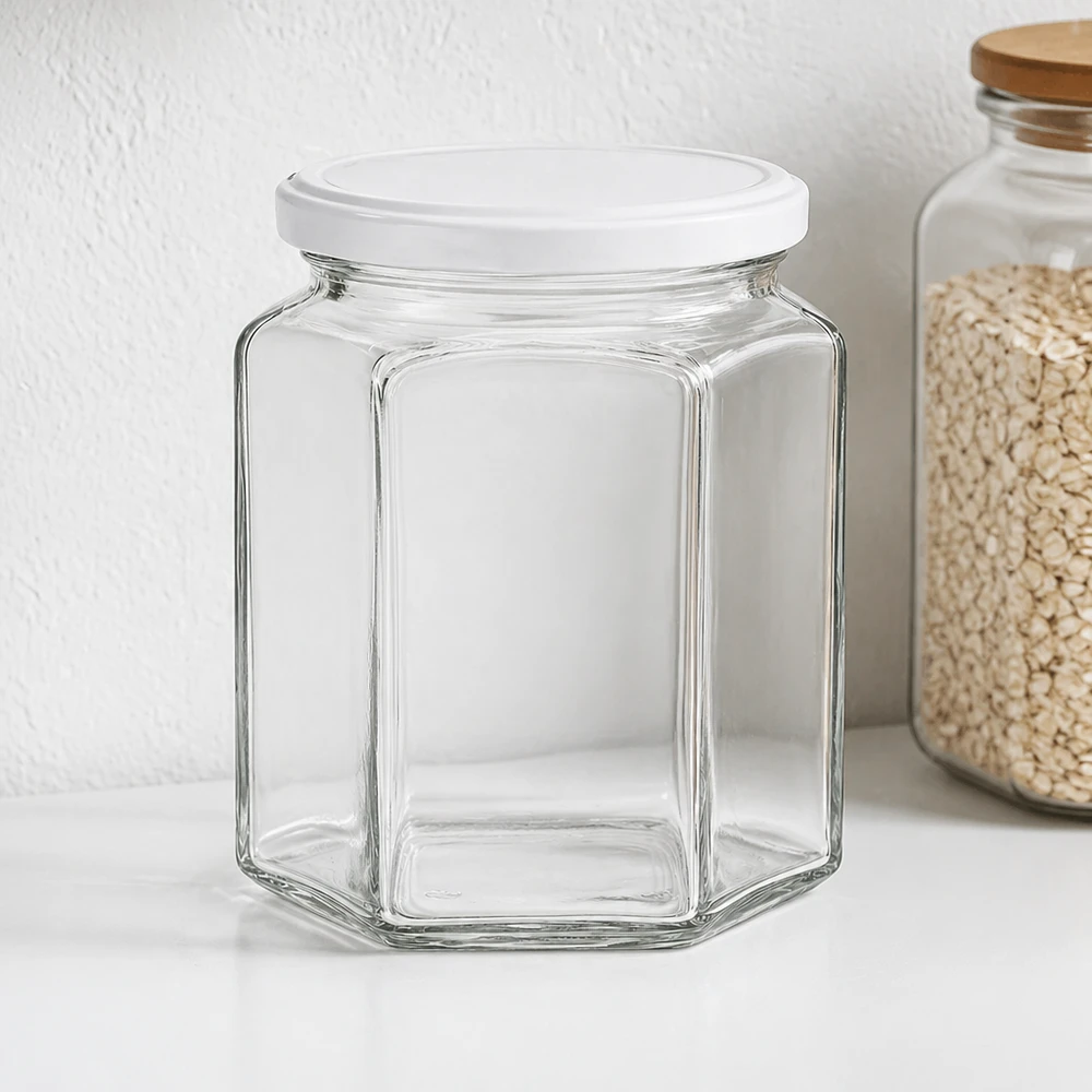 Vasetto per miele da 400 g con capsula bianca BasicSeal UNiTWIST Vasetto di miele esagonale da 400 g vuoto con coperchio bianco accanto a un vasetto con fiocchi d'avena su un ripiano bianco della cucina