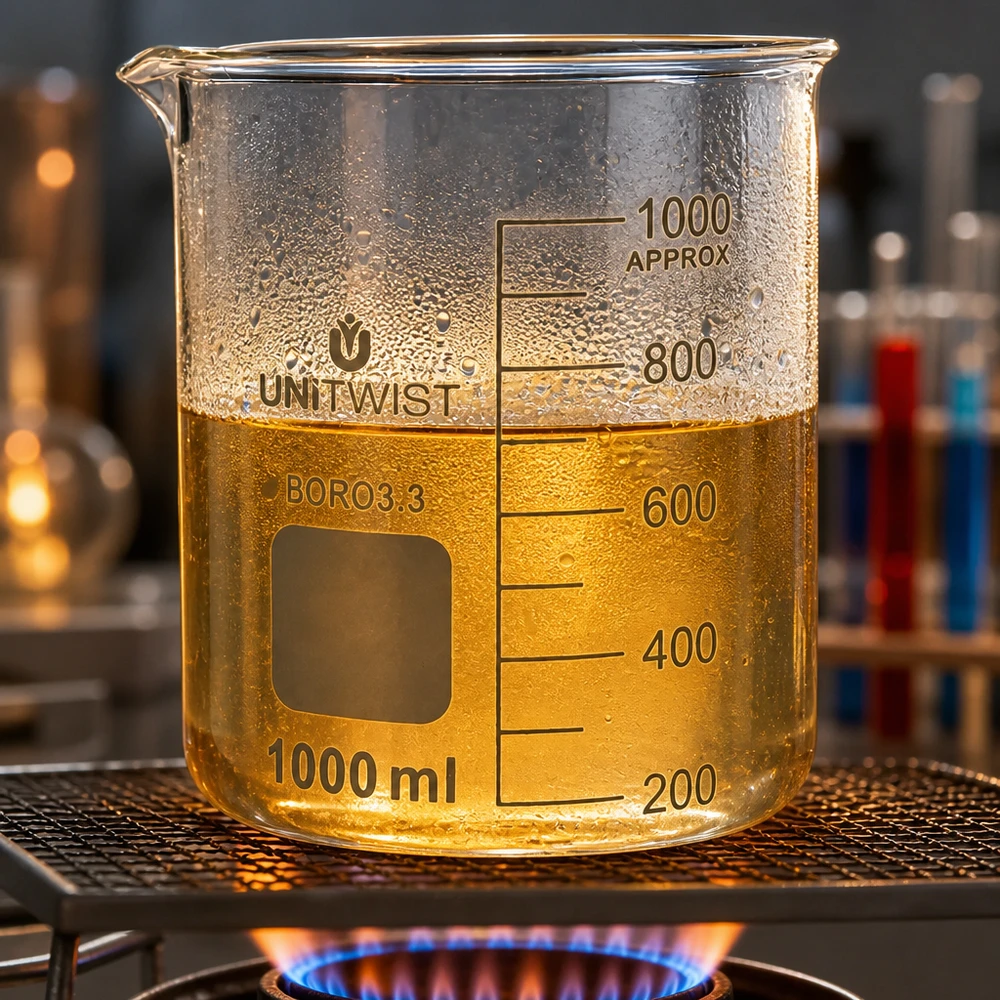 Bicchiere da laboratorio UNiTWIST da 1000 ml in borosilicato su un bruciatore a gas con un liquido giallo dorato a 600 ml