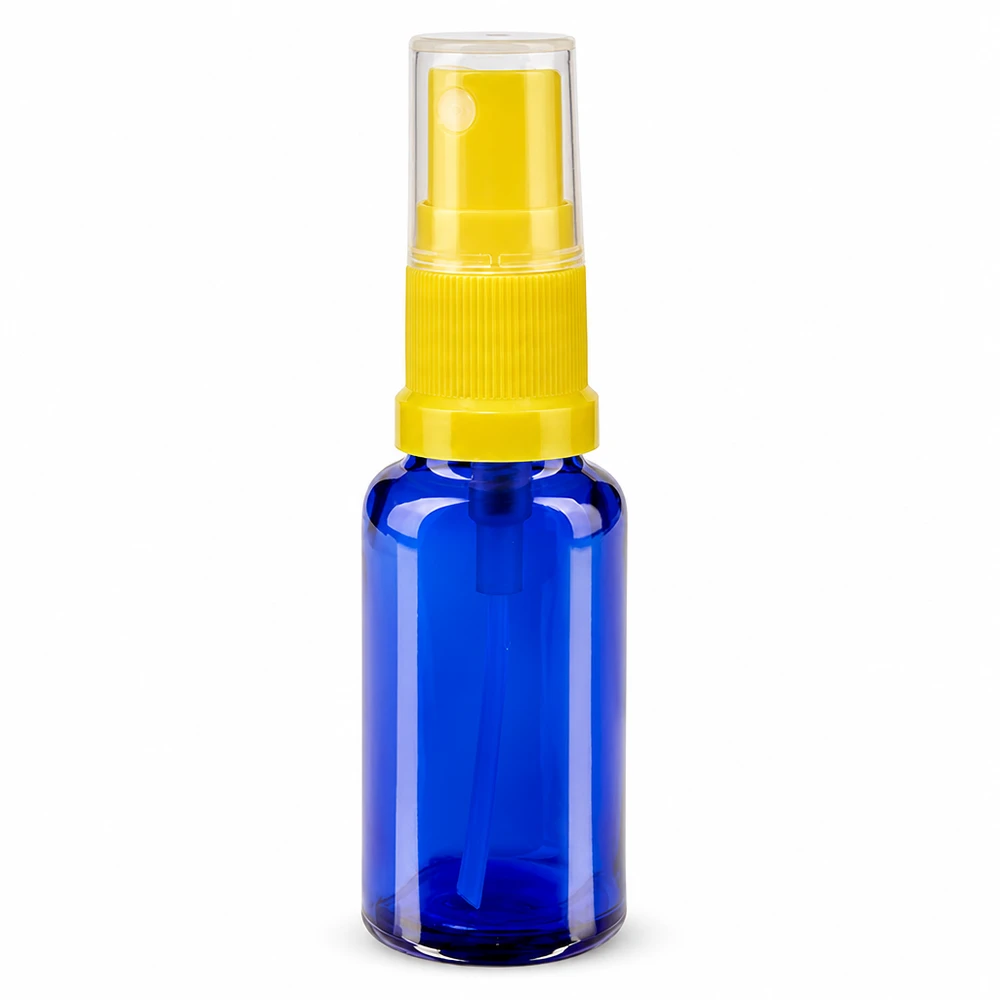 Flacone spray blu da 20ml STD giallo/trasparente in vetro da farmacia Flacone spray in vetro blu da 20 ml con nebulizzatore giallo e tappo protettivo trasparente ApoGlas STD