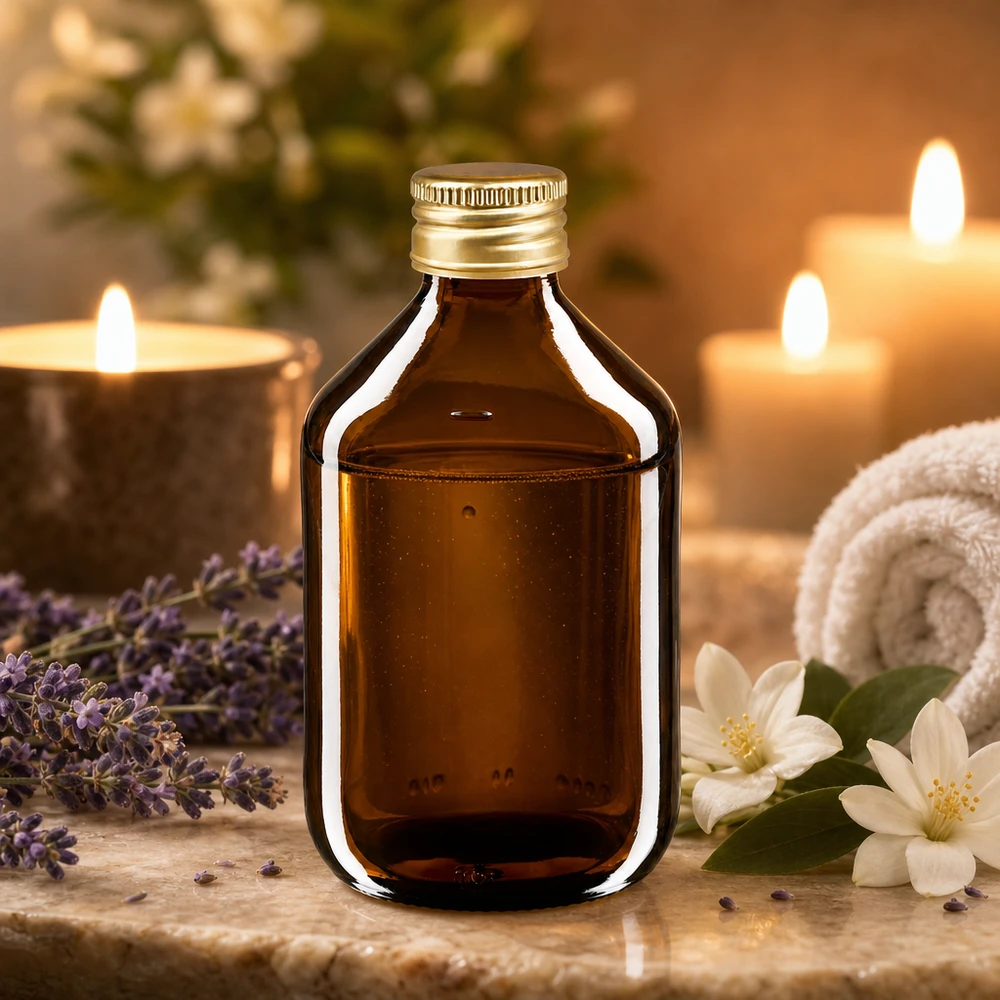 Flacone per medicinali da 300 ml marrone, con tappo in alluminio dorato Ap Flacone per medicinali marrone scuro da 300 ml con elegante tappo in alluminio ideale per l'aromaterapia