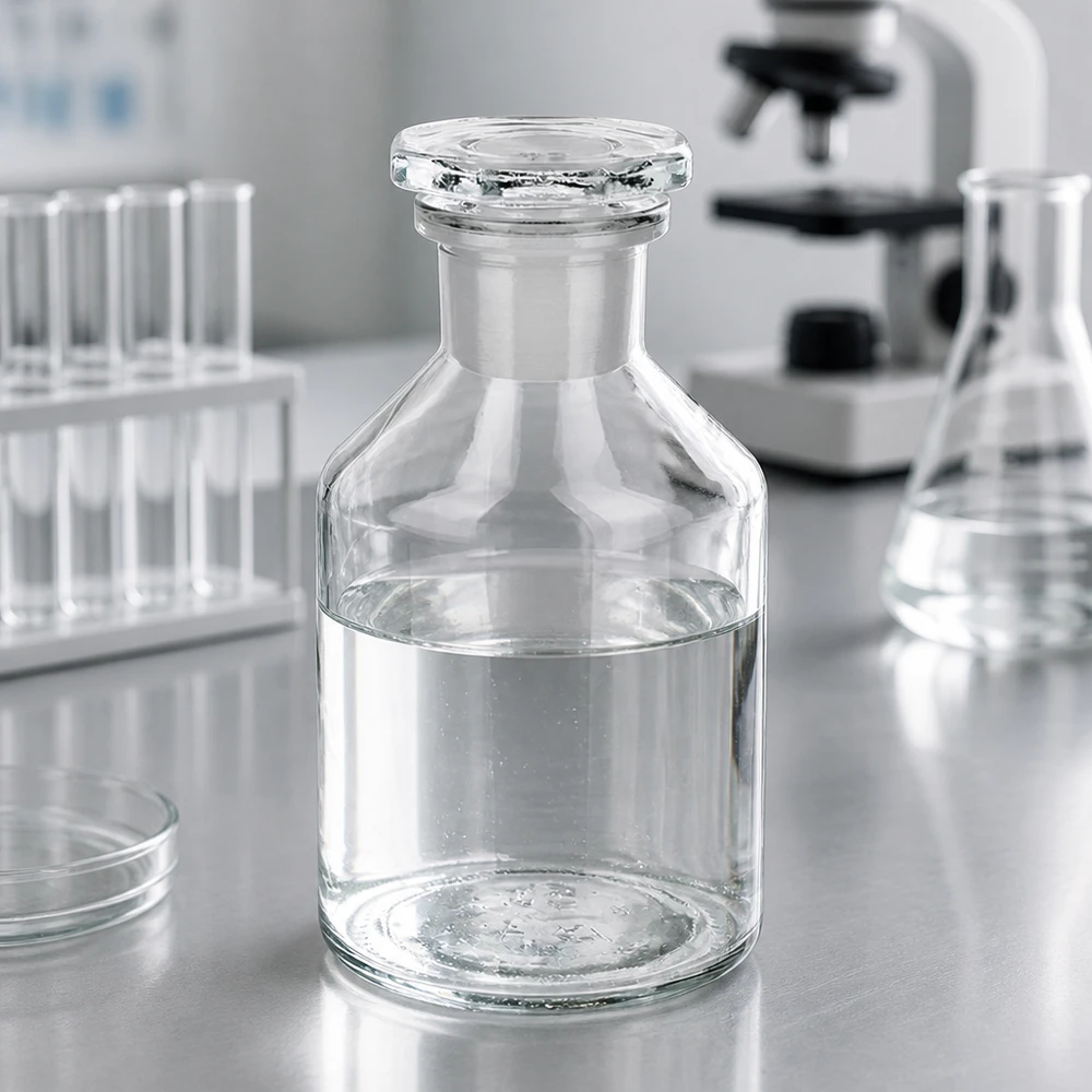 Piccola fiala da laboratorio da 50 ml con collo stretto e tappo molato, appoggiata su un tavolo in acciaio inossidabile