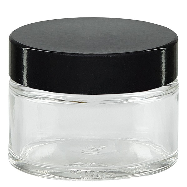 Barattolo di vetro 15ml trasparente, con nero. Coperchio in bachelite Barattolo di vetro 15ml trasparente, con nero. Coperchio in bachelite