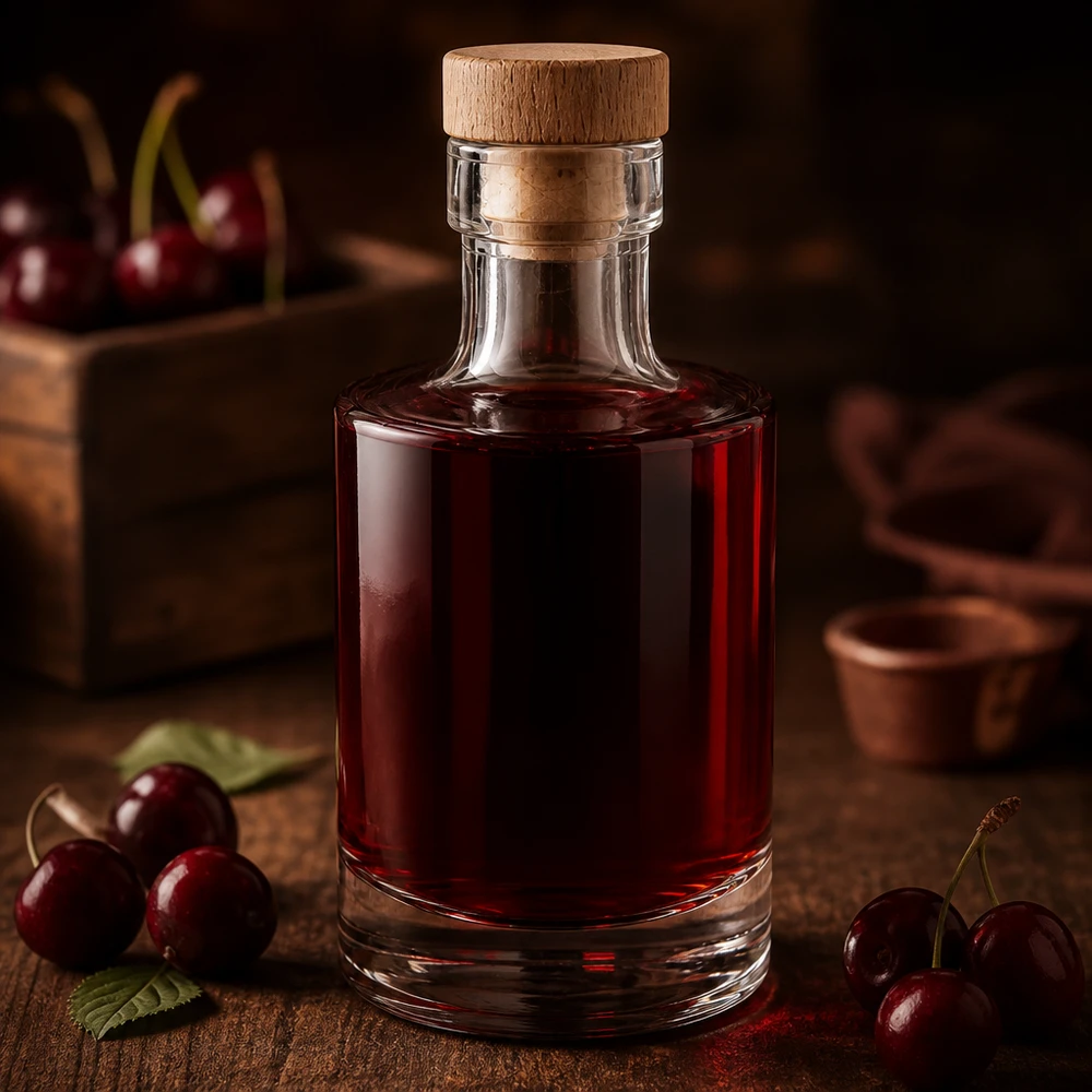 Bottiglia in vetro da 200 ml Marie con ripieno di liquore di ciliegie rosso scuro, tappo in legno, decorata con ciliegie fresche su una base in legno.