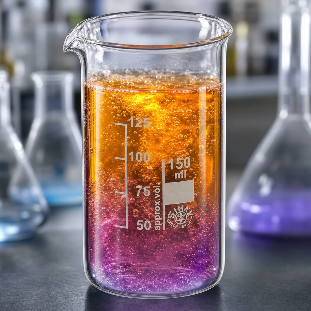 Bicchiere da laboratorio da 150 ml, di forma alta, contenente un liquido di reazione di colore arancione e viola