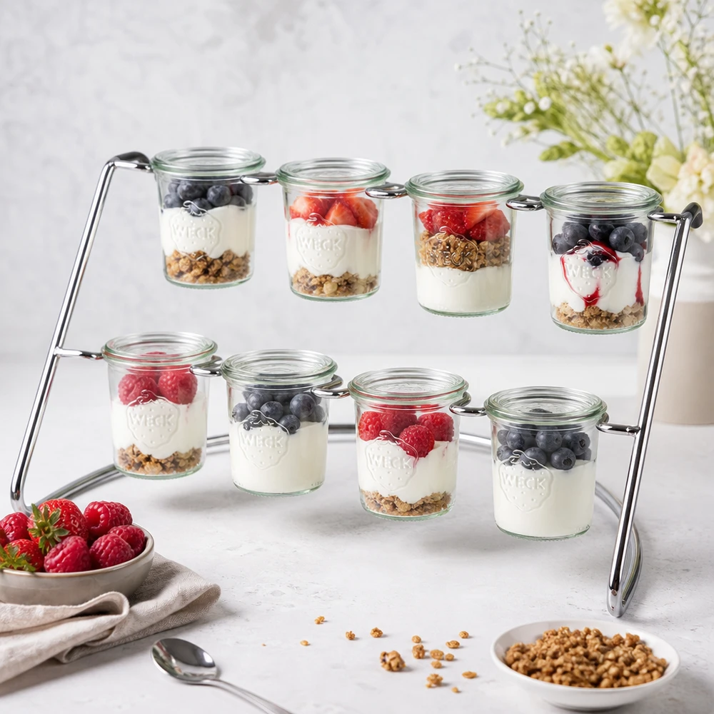 Portabicchieri Flato8 per 8 bicchieri WECK Flato8 portavivande con parfait allo yogurt e frutti di bosco in vasetti WECK come buffet di dolci su un piatto di marmo bianco