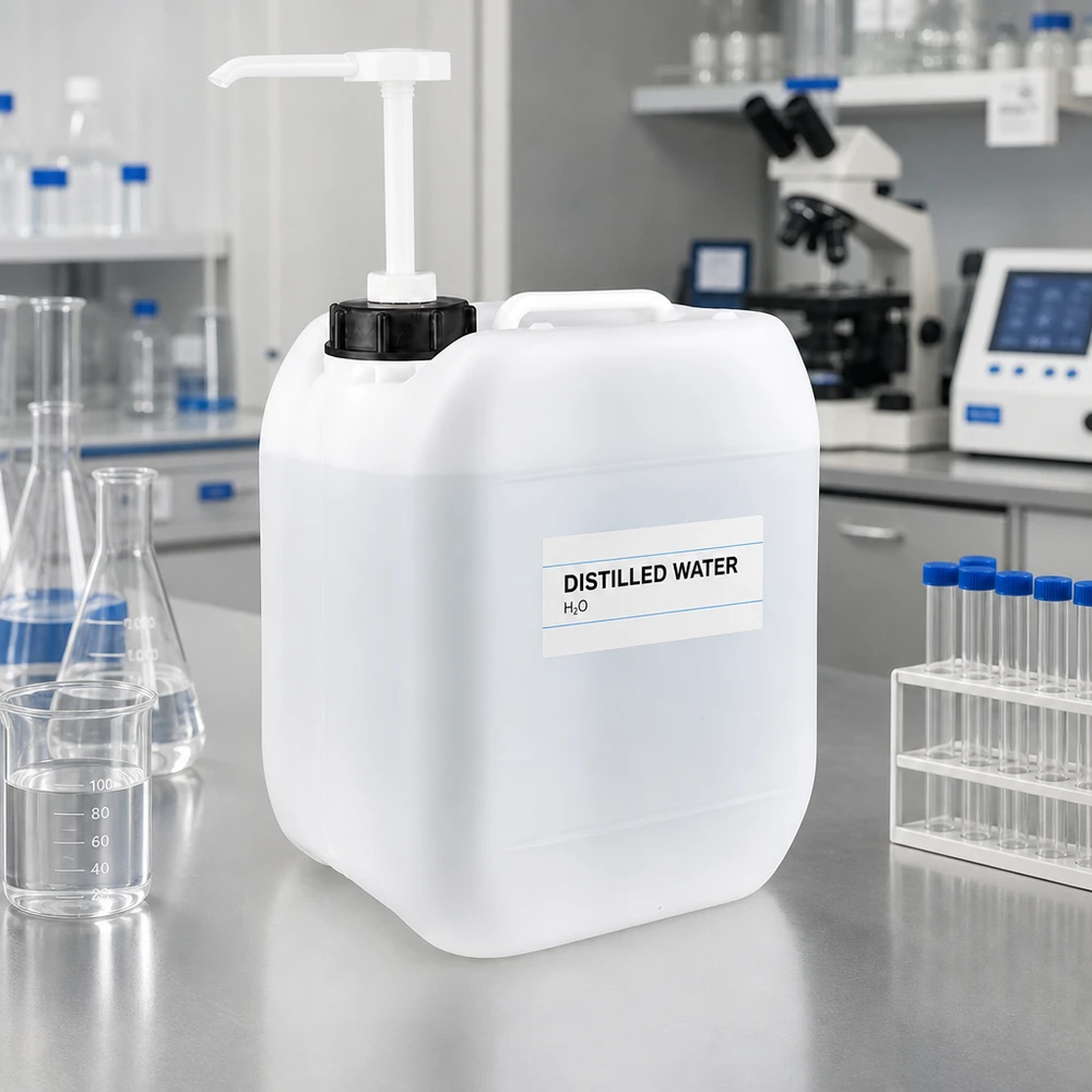 Tanica da 5 litri con pompa dosatrice Contenitore da laboratorio da 5 litri con pompa, riempito con acqua distillata, su un piano di lavoro in acciaio inossidabile