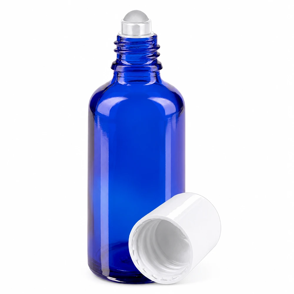 Flacone roll-on blu da 50ml STD bianco ApoGlas Flacone roll-on blu da 50 ml in vetro da farmacia con tappo bianco e applicatore a sfera