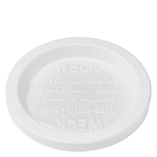 Bicchieri da 165 ml con coperchio salvafreschezza WECK RR80 Coperchio WECK freshness RR80 bianco per vaso cilindrico da 1040 ml Vista dettagliata del lato inferiore con goffratura e logo del prodotto
