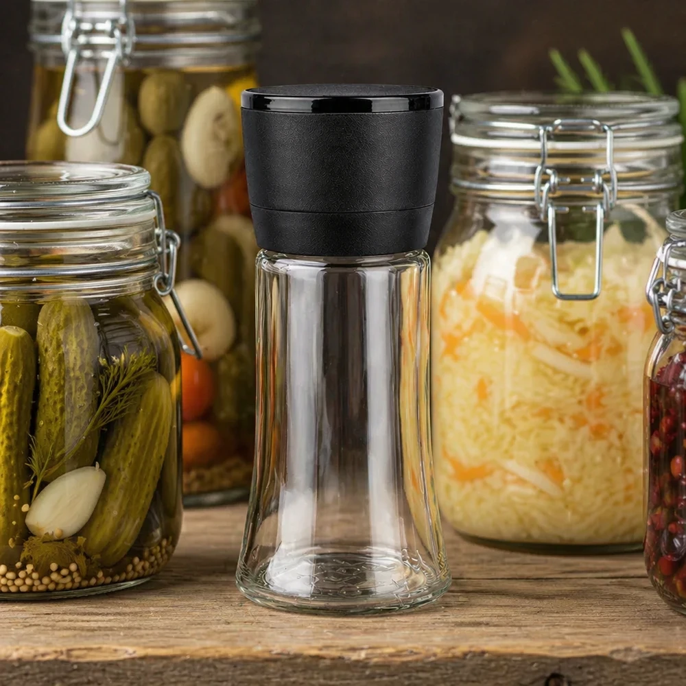 Barattolo per sale e spezie da 95 ml con macinino Vario nero Barattolo compatto per spezie da 95 ml con macinino Vario nero tra le conserve di verdure nei barattoli Weck