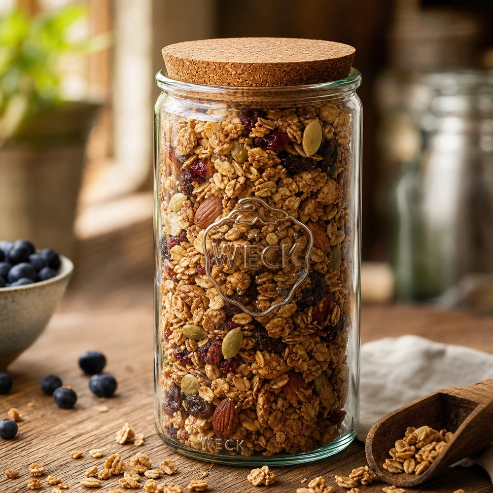 WECK barattolo 1590ml RR100 pieno di muesli noci e frutta secca coperchio di sughero decorazione cucina