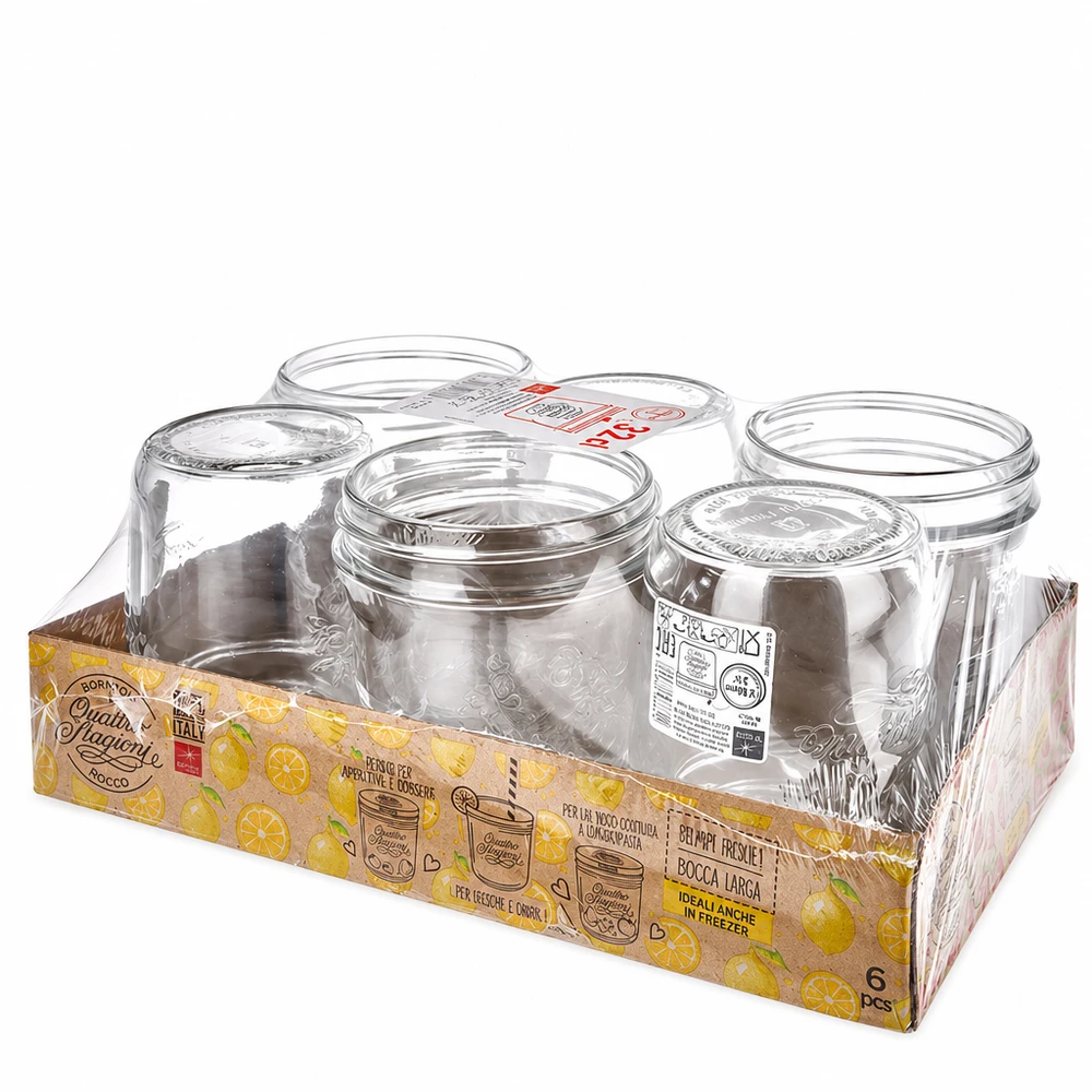 Bicchieri Quattro Stagioni da 320 ml con coperchio Set di 6 bicchieri Quattro Stagioni da 320 ml in confezione di vendita con coperchi Set di barattoli da conserva Bormioli Rocco
