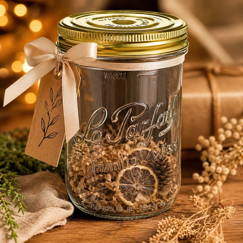Bicchieri Familia Wiss da 1020 ml con coperchio dorato e fiocco beige, riempiti con fette di agrumi essiccati su un coperchio di legno.