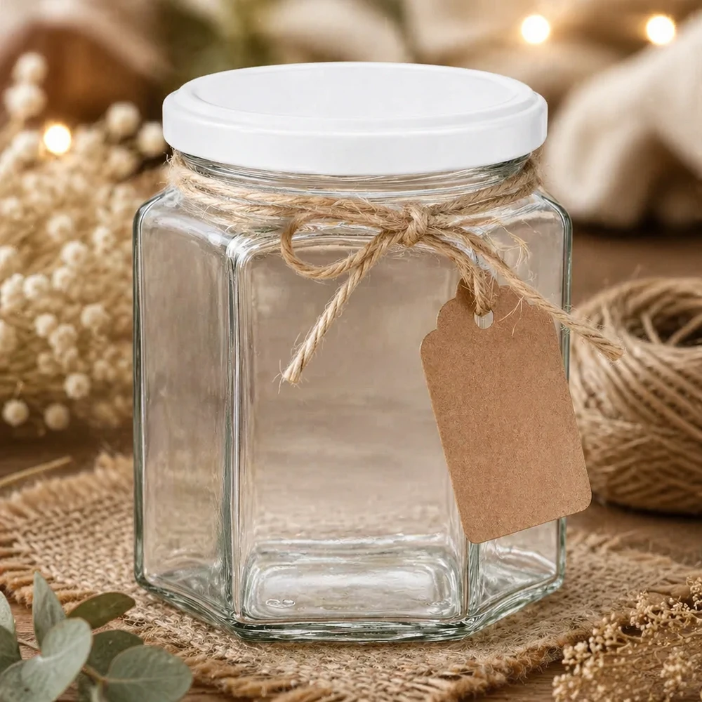 Vasetto per miele da 400 g con capsula bianca BasicSeal UNiTWIST Vasetto di miele esagonale da 400 g vuoto con etichetta in carta kraft e spago di iuta come confezione regalo su un tavolo naturale