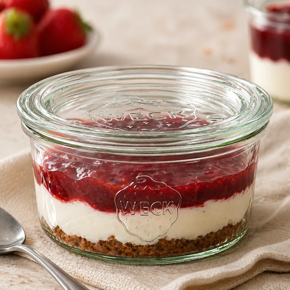 I tumbler RR80 da 165 ml di WECK, riempiti di dessert a strati, mostrano la versatilità dei dessert e delle porzioni.