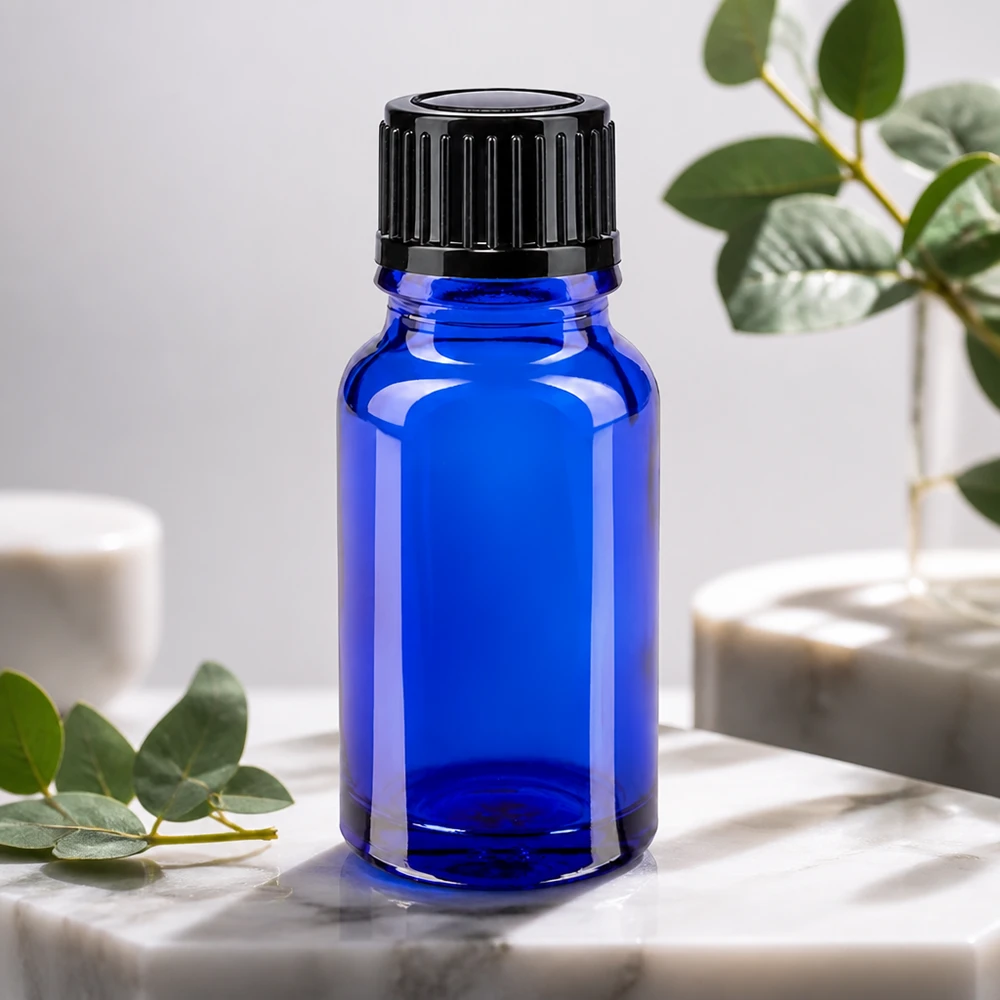 Bottiglia da farmacia blu da 10ml. SV STD nero/11mm ApoGlas Flacone da farmacia da 10 ml, blu cobalto, in vetro di alta qualità con tappo standard nero da 11 mm