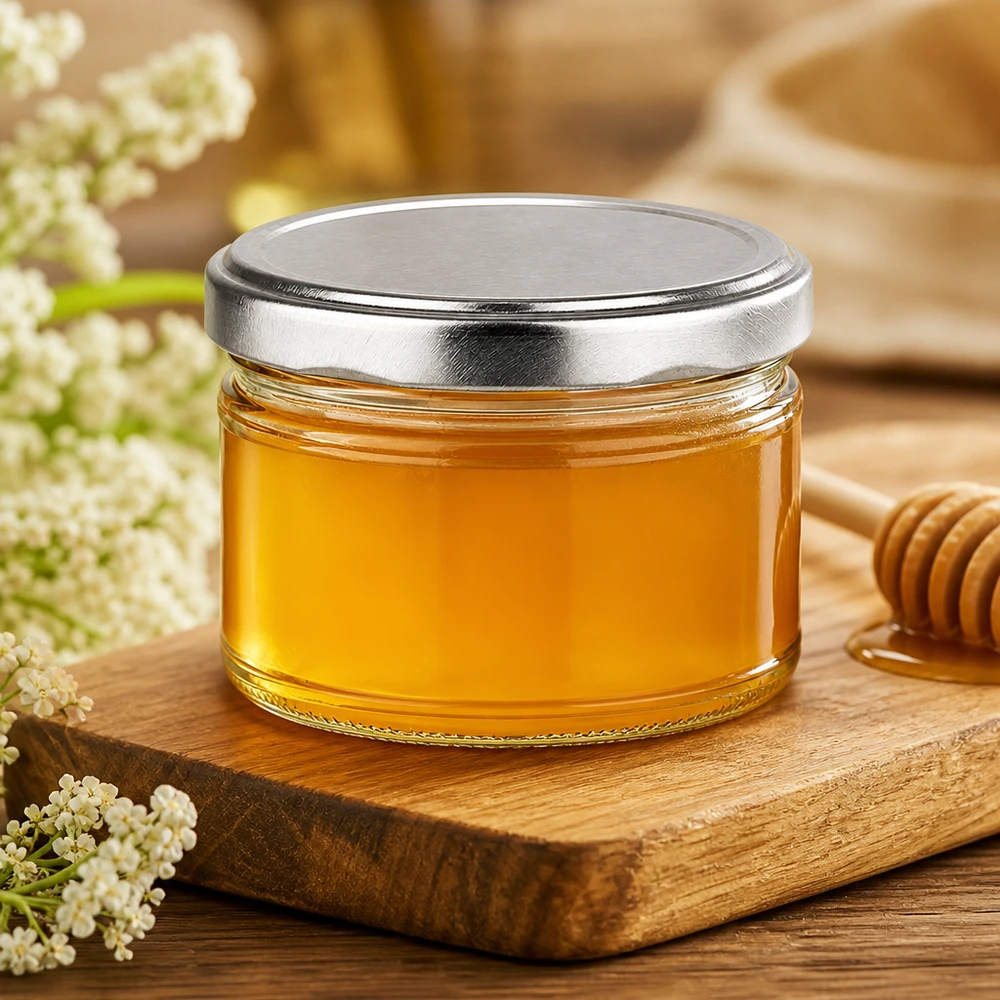 Vaso rotondo da 540 ml + coperchio BasicSeal argento opaco UNiTWIST. Vaso per conserve da 540 ml riempito di miele su tavola di legno, coperchio argentato opaco, decorato con fiori e cucchiaio da miele