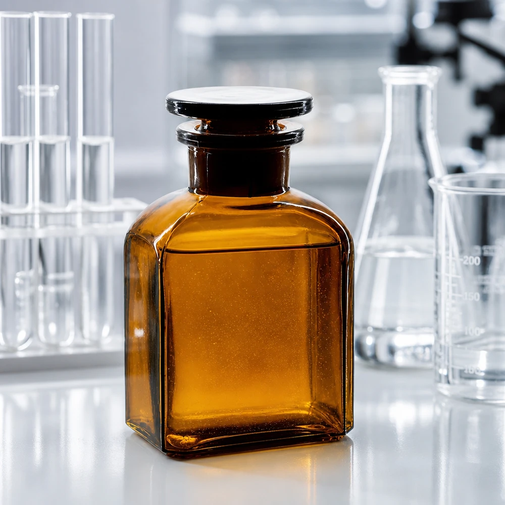 Bottiglia quadrata 150ml marrone a collo largo, con tappo in vetro Fiaschetta quadrata in vetro ambrato da 150 ml a collo largo con tappo di vetro, tra il matraccio di Erlenmeyer e le provette