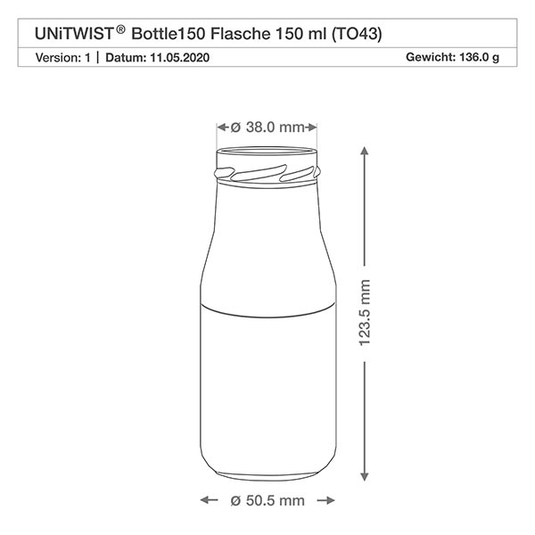 UNiTWIST Bottle150 - Bottiglia capacità 150ml TO43 UNiTWIST Bottle150 bottiglia in vetro 150ml TO43 con dimensioni 38mm di diametro 123,5mm di altezza disegno tecnico