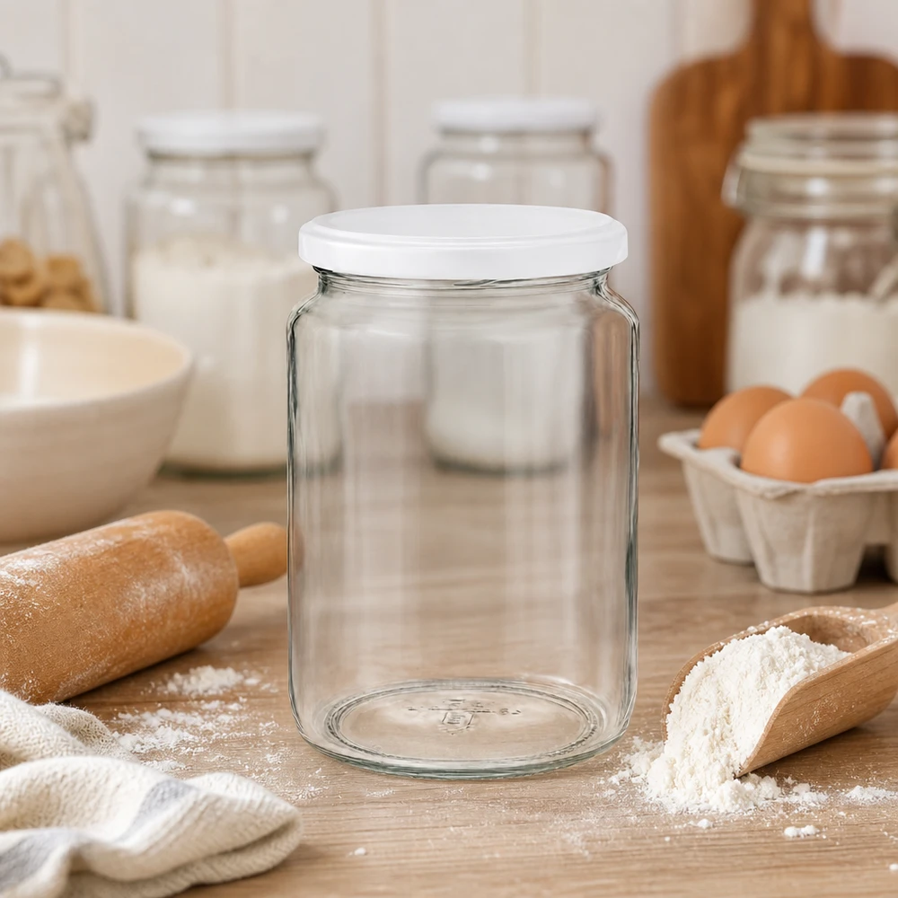 Barattolo rotondo da 795 ml con coperchio BasicSeal bianco UNiTWIST Barattolo rotondo UNiTWIST da 795 ml in scena in cucina con ingredienti da forno mostra l'uso versatile come barattolo per la conservazione della farina