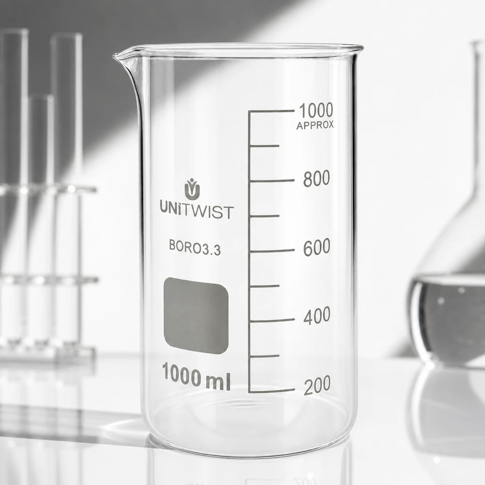 UNITWIST Bicchiere da laboratorio da 1000 ml, forma alta, borosilicato 3.3, trasparente, vuoto, con graduazione su sfondo bianco