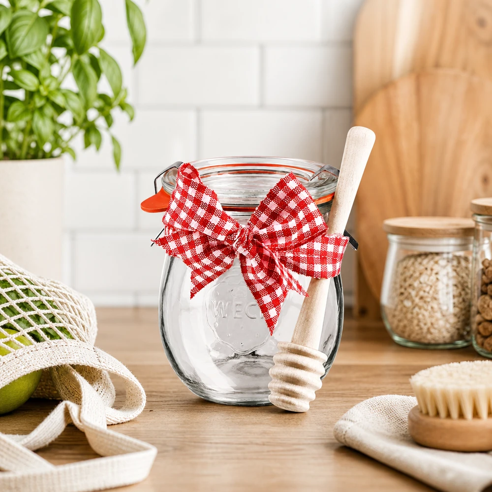 Barattolo WECK mini tulipano 220ml in cucina sostenibile con cucchiaio in legno, fiocco rosso e bianco e accessori ecologici