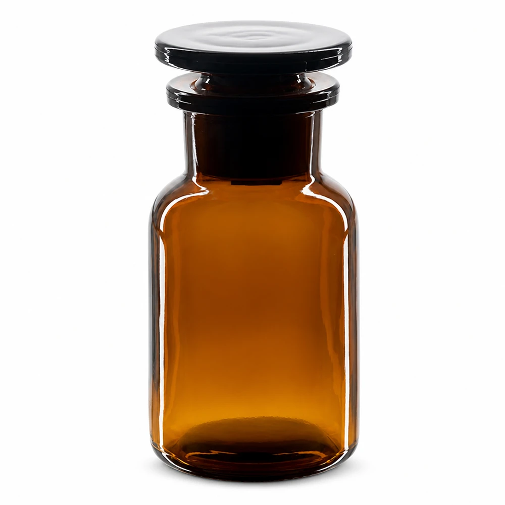 Bottiglia a spalla rotonda 100ml marrone a collo largo con tappo in vetro Fiaschetta marrone a spalla arrotondata da 100 ml con tappo in vetro, a collo largo, per laboratorio e farmacia