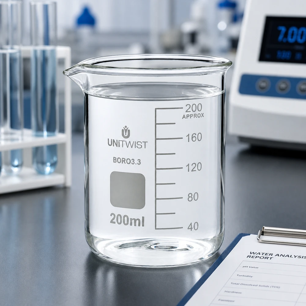 Bicchiere da laboratorio trasparente da 200 ml in borosilicato 3.3 di UNiTWIST, accanto al rapporto di analisi dell'acqua redatto dal laboratorio di prova