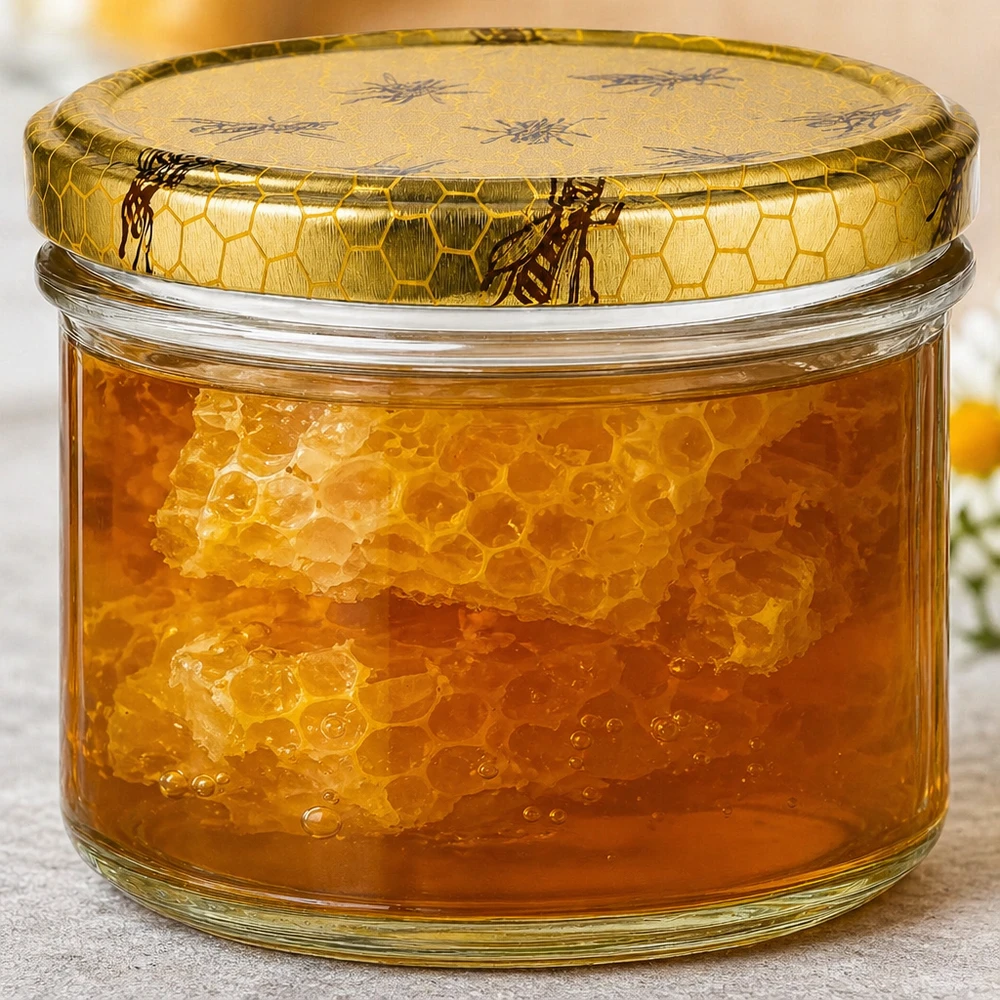 Vasetto per miele da 250 g con capsula con motivo a favo BasicSeal UNiTWIST 250g Honigglas gefüllt mit echter Bienenwabe im goldenen Honig zeigt natürliche Qualität und authentische Imkereiprodukt