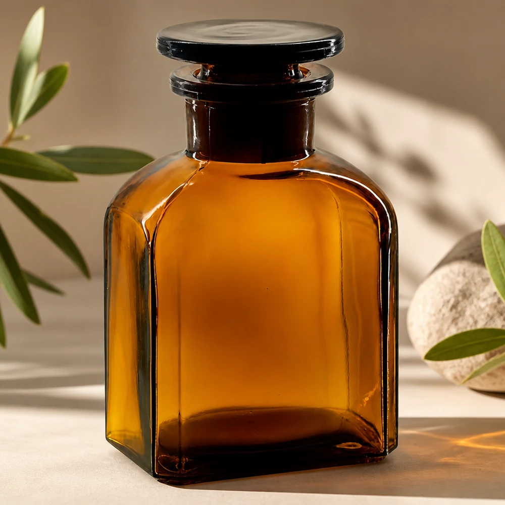 Bottiglia quadrata 150ml marrone a collo largo, con tappo in vetro Flacone opaco da 150 ml, di forma quadrata, con ampia apertura e tappo in vetro ambrato per prodotti chimici da laboratorio