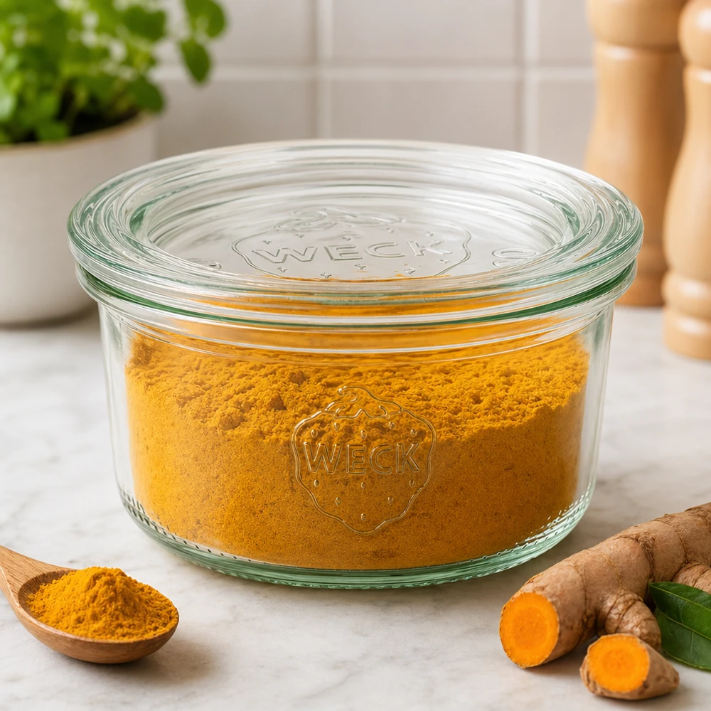 Bicchieri da 165 ml con coperchio in vetro WECK RR80 Bicchieri WECK 165ml RR80 riempiti di polvere di curcuma accanto a radici di curcuma fresche per la conservazione delle spezie