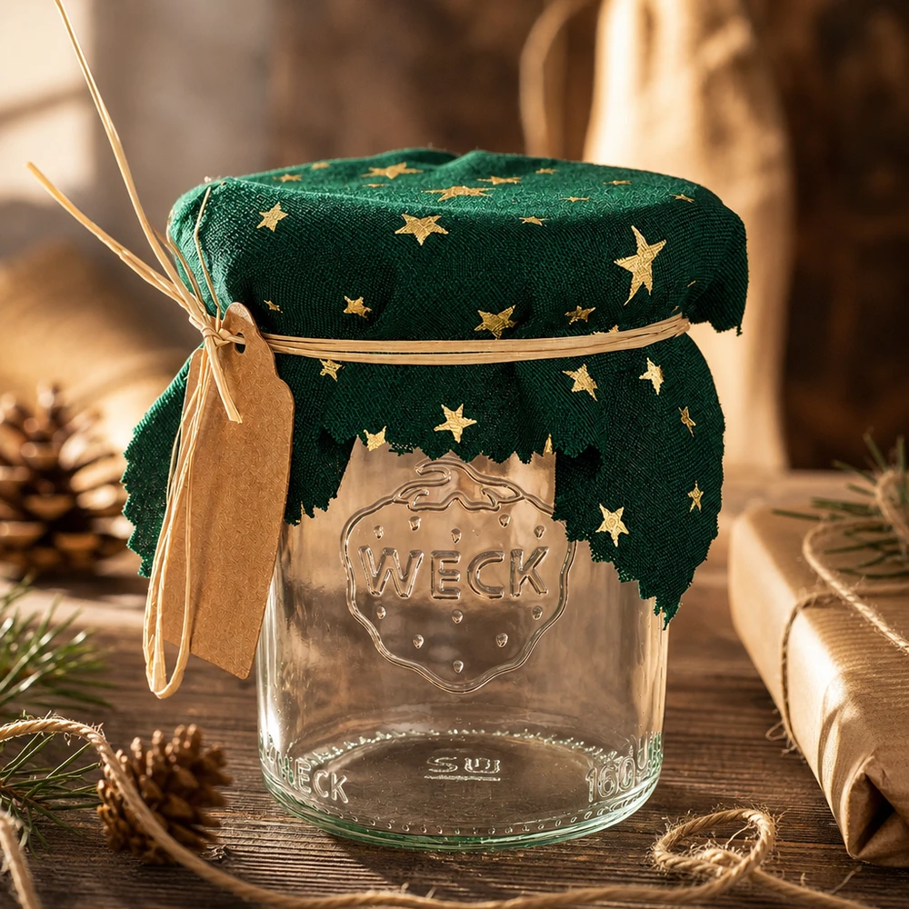 Decorazione natalizia con centrino verde a forma di stella 12 cm su vaso Weck tra pigne e regali