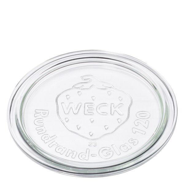 Coperchio in vetro WECK RR120 Coperchio in vetro WECK RR120 in vetro trasparente con logo WECK in rilievo e scritta 120 in vetro con bordo rotondo