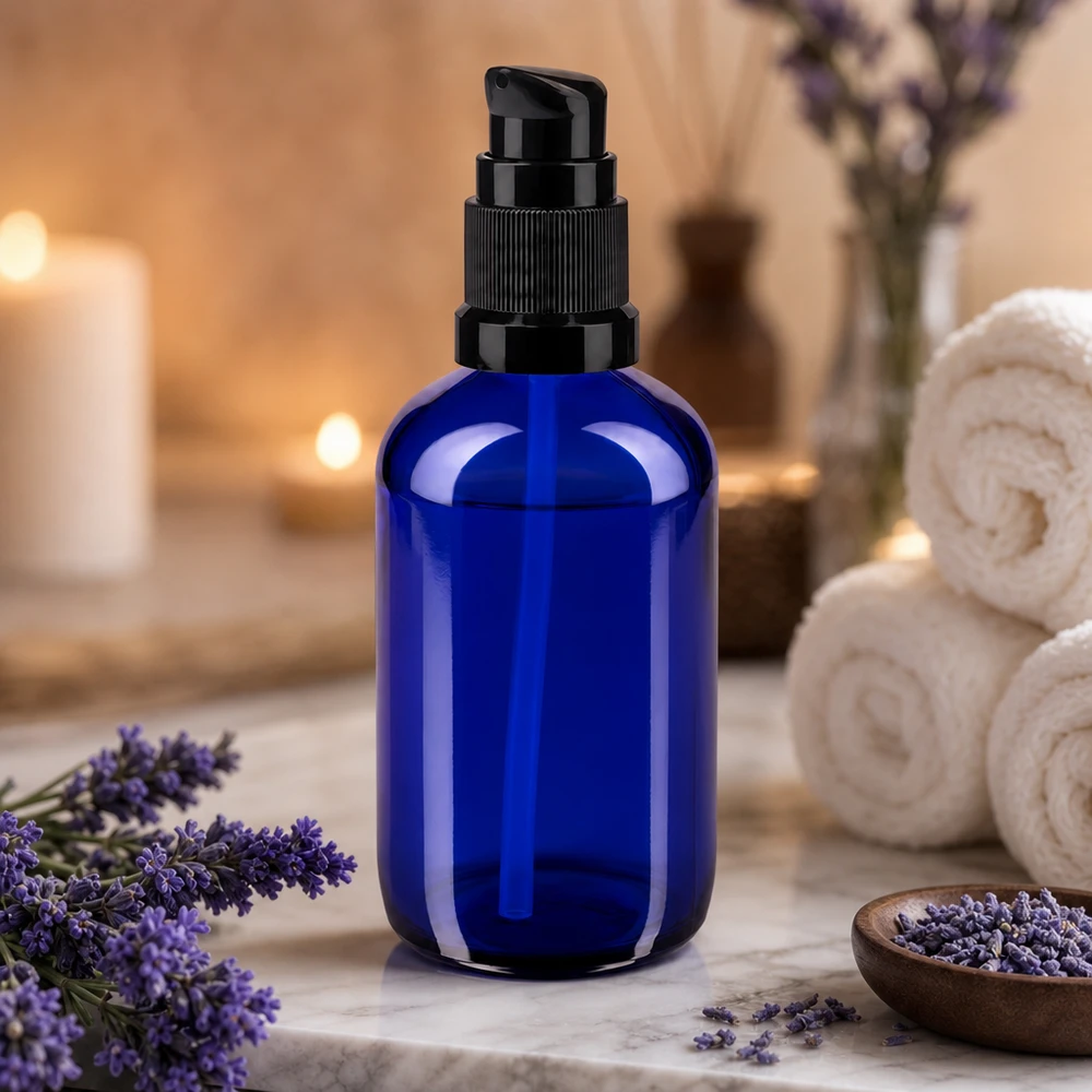 Bottiglia a pompa blu 100ml STD nero ApoGlas Flacone con dosatore da 100 ml in vetro da farmacia di colore blu cobalto, con dosatore nero su fondo marmorizzato