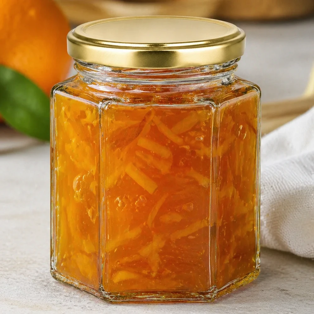 Vasetto per miele da 250 g con capsula dorata BasicSeal UNiTWIST Vasetto da 250 g di miele BasicSeal riempito di marmellata di arance coperchio dorato su superficie bianca conservazione marmellata