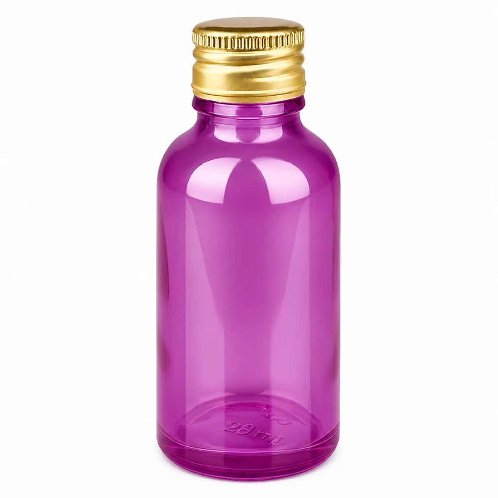 Flacone da 30ml tappo a vite 11mm alluminio oro standard PurpleLine. UT18/30 Flacone rotondo da 30 ml in look viola con coperchio dorato per integratori alimentari liquidi