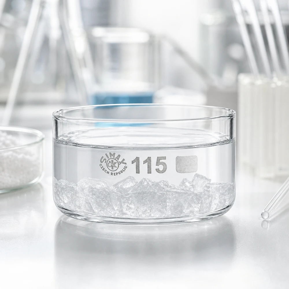 Piastra di cristallizzazione da 500 ml senza beccuccio Bo. ø115mm Vaschetta di cristallizzazione SIMAX da 500 ml in vetro borosilicato, riempita con cubetti di ghiaccio in laboratorio