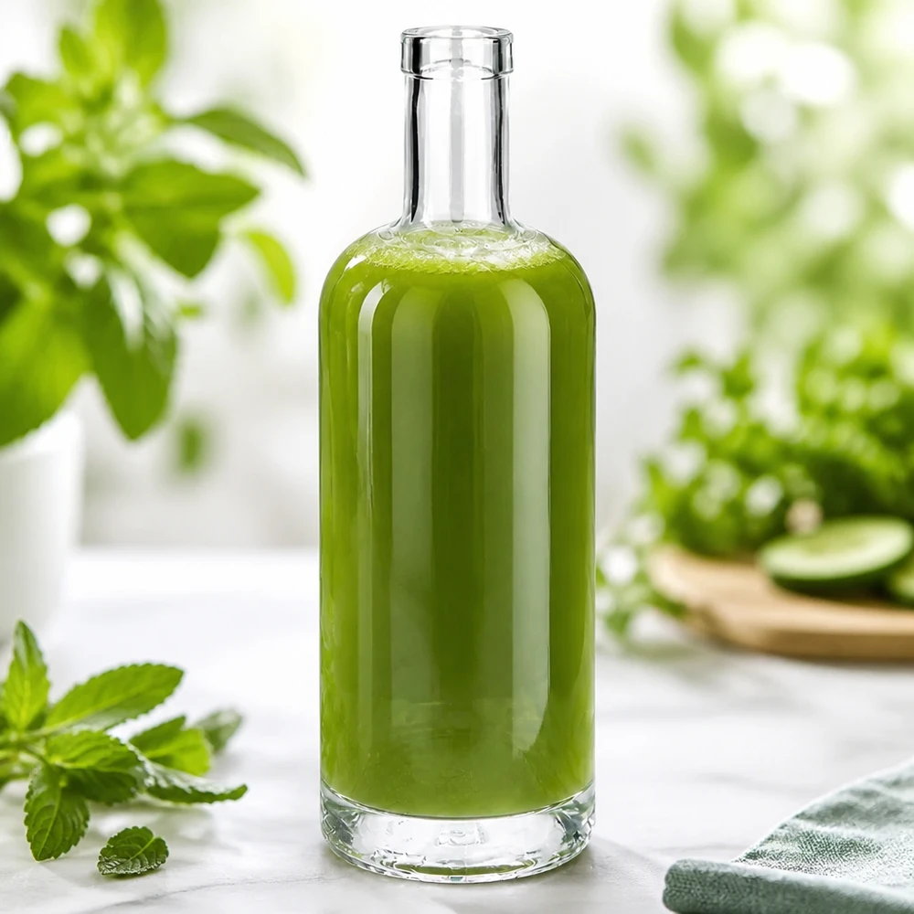 Bottiglia in vetro da 750 ml Emma senza tappo UNiTWIST® Bottiglia di vetro Emma da 750 ml riempita di contenuto verde in un ambiente naturale decorato con menta e piante