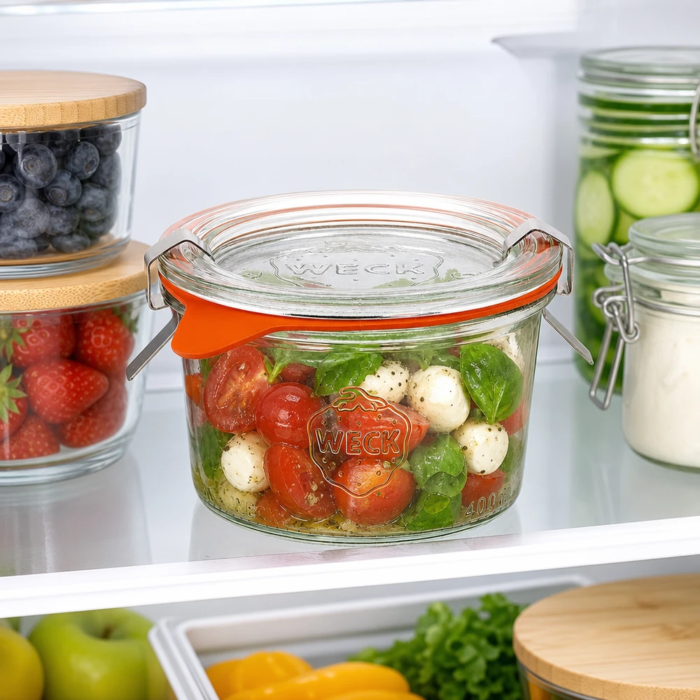 WECK 200ml RR80 mason jar in frigo riempito con insalata caprese insieme ad altri vasi di conservazione con frutti di bosco