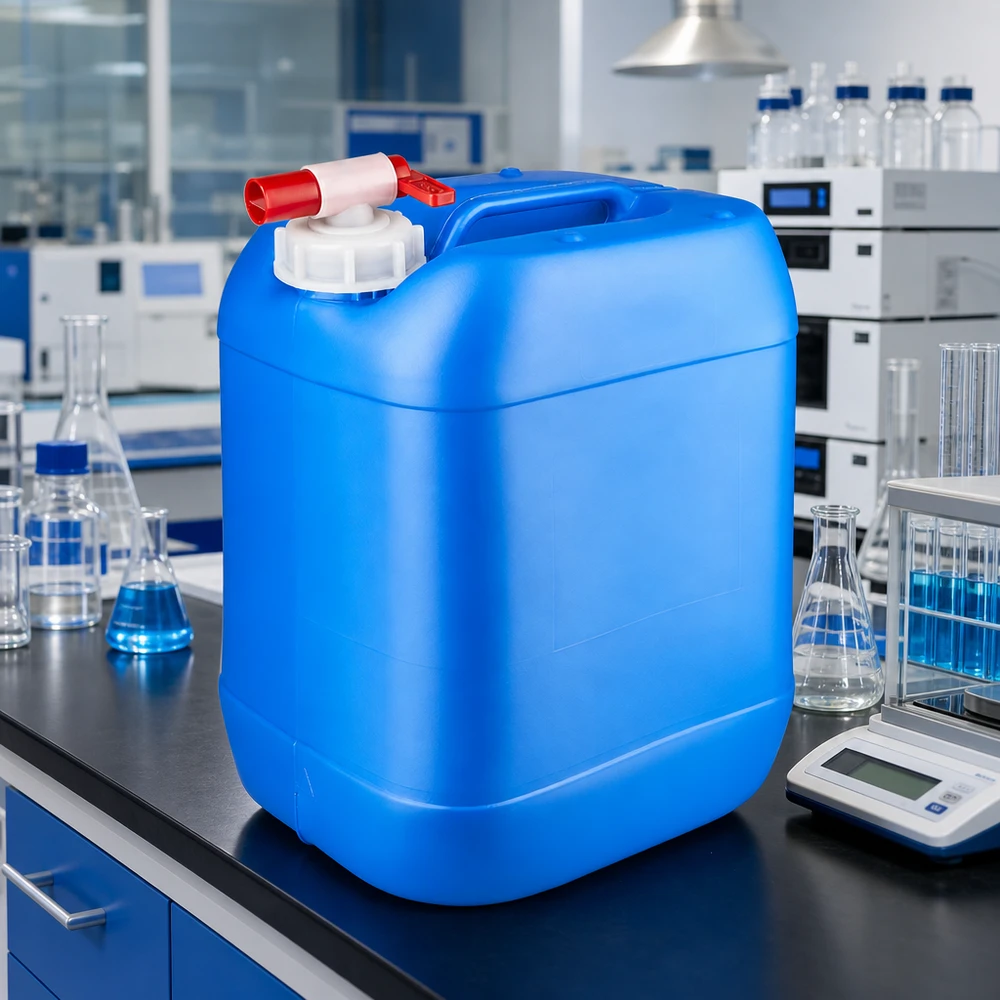 Contenitore da laboratorio quadrato da 20 litri, blu, con rubinetto di scarico su un piano di lavoro da laboratorio nero