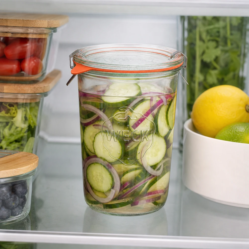 Vaso tumbler da 850 ml completo WECK RR100 WECK RR100 tumbler 850ml in frigorifero con cetriolini e cipolle sott'aceto per una freschezza ottimale degli alimenti