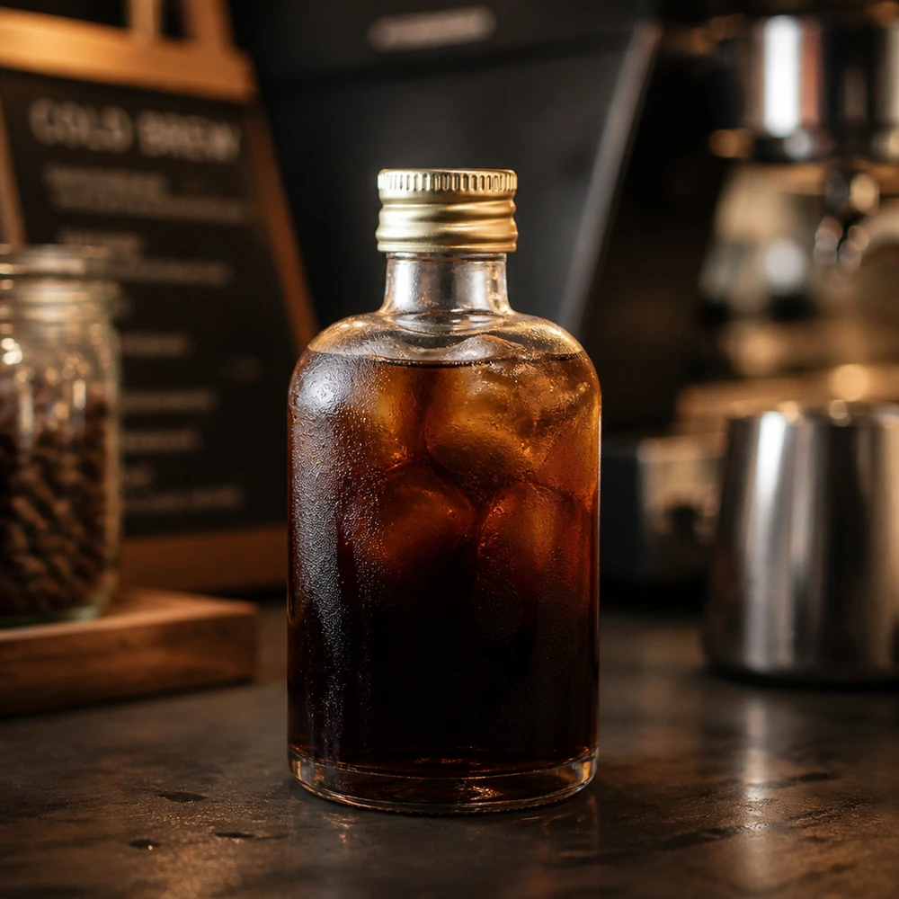 Bottiglia in vetro da 40 ml Sara con tappo a vite dorato UNiTWIST® 40ml Glasflasche Sara mit Cold Brew Kaffee gefüllt - goldener UNiTWIST Verschluss in stylischer Barista-Küche