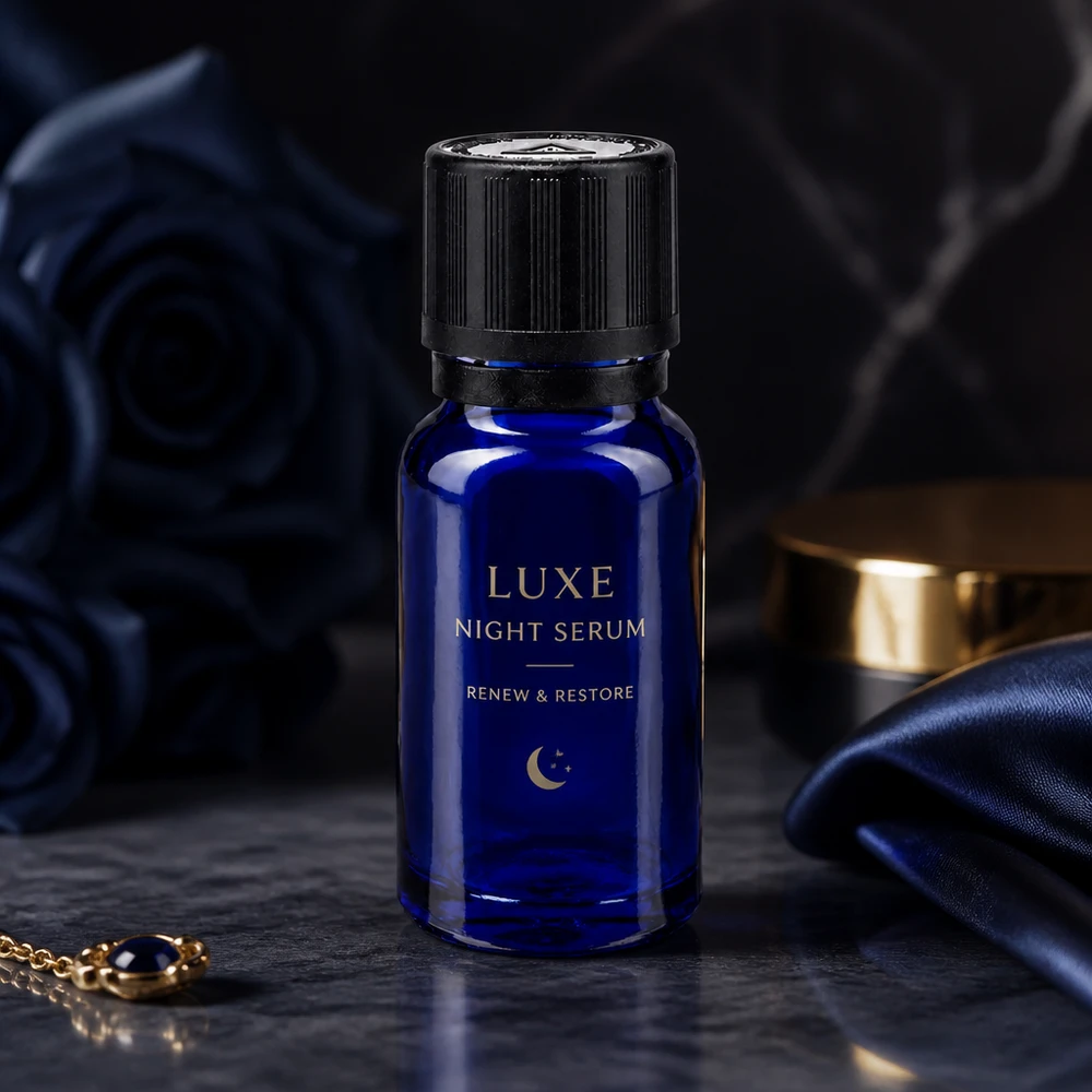 Siero notturno di lusso in flacone da farmacia da 10 ml blu cobalto con tappo contagocce nero, in un’atmosfera notturna