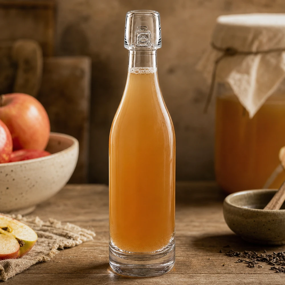 Bottiglia in vetro da 50 ml senza tappo UNiTWIST Bottiglia di vetro da 50 ml UNiTWIST riempita con liquore di mela tra fette di mela e spezie su legno naturale