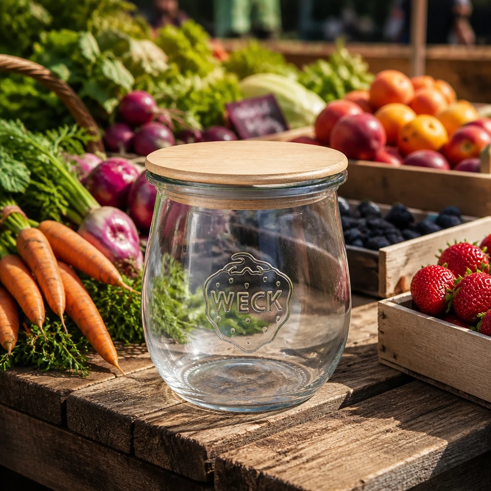 Vaso a tulipano WECK 220ml RR60 con coperchio in bambù su tavola di legno tra frutta e verdura fresca del mercato - Vaso di conservazione sostenibile