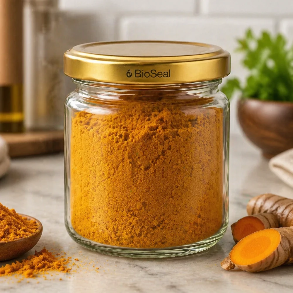 UNiTWIST Runda53 con coperchio dorato TO43 BioSeal Barattolo UNiTWIST Runda53 pieno di curcuma in polvere e coperchio dorato TO43 BioSeal in cucina con curcuma fresca