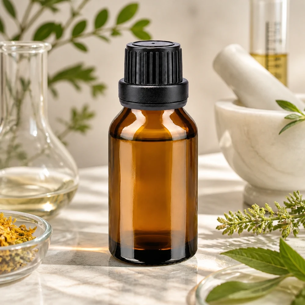 Fiaschetta da farmacia marrone da 15 ml con tappo a vite nero, tra erbe fresche e un mortaio